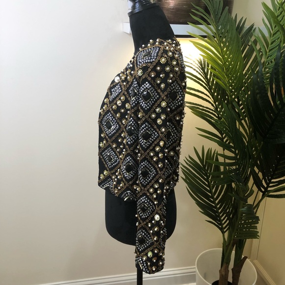 House of Harlow 1960 X Revolve Sequin & Beaded Crop Blazer Gold Silver Black XXS - Picture 5 of 12